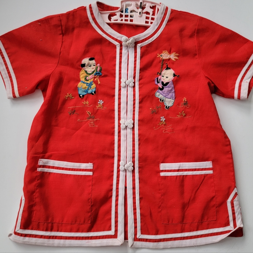 Vintage Lili Shanghai Chinese Silky Red Shirt Embroidered Snaps Asian Childs 6